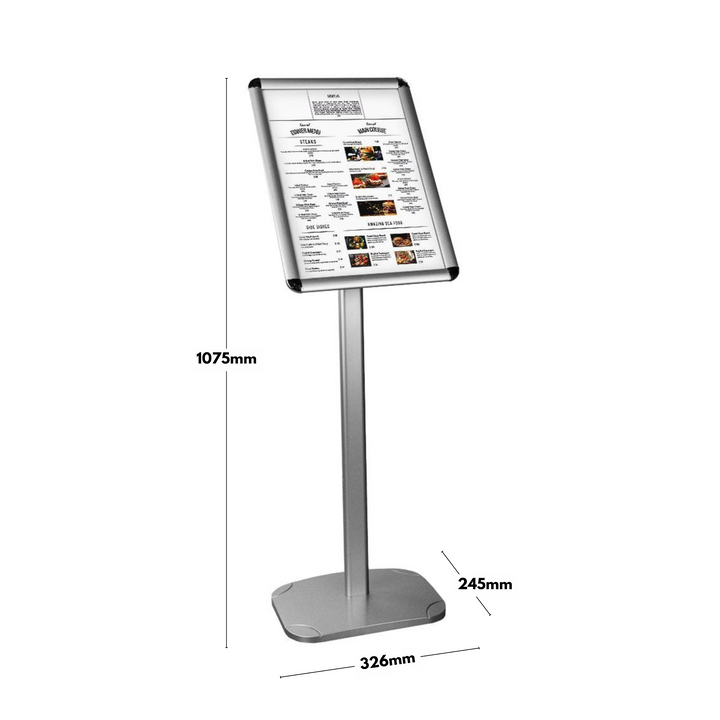 Silver floor poster frame – A3 size with 25mm snap edges, rounded corners and freestanding design