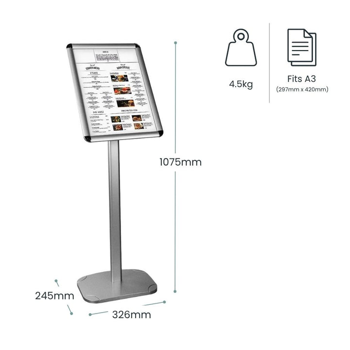 Silver A3 floor standing snap frame poster display stand with adjustable orientation, rounded corners, sturdy base, and dimensions shown. 

