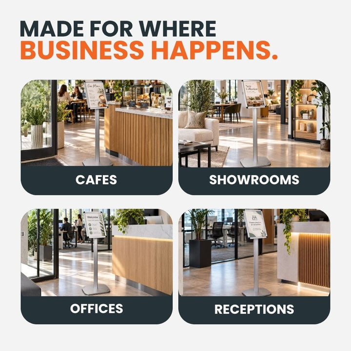 A4 silver poster stand pictured in café, showroom, office and reception settings to demonstrate different indoor display applications.