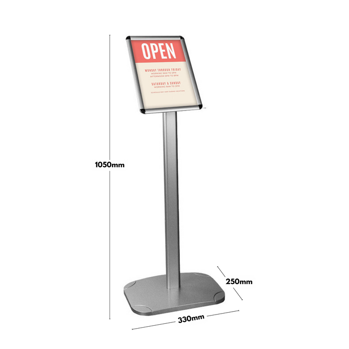 Retail A4 display stand – silver snap frame with portrait/landscape rotation and stable freestanding base