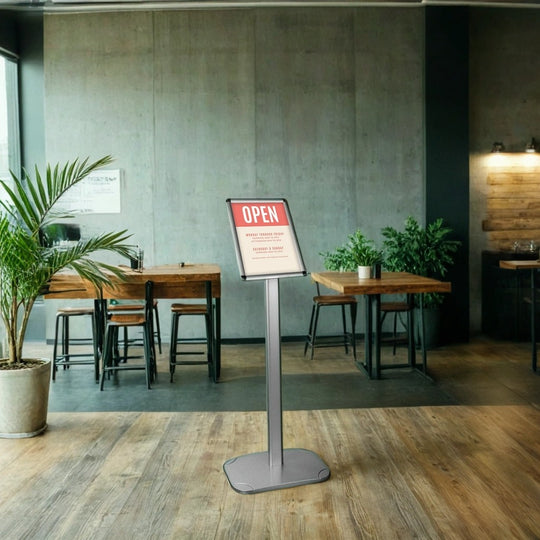 Silver A4 Snap Frame Floor Standing Poster Display Stand 25mm Frame with Adjustable Orientation and Rounded Corners - 1050mm High x 330mm Wide