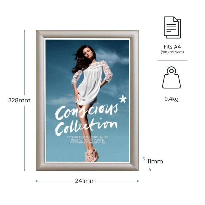 Silver A4 snap frame poster frame, wall-mounted display measuring 241mm by 328mm, suitable for signage and notices.