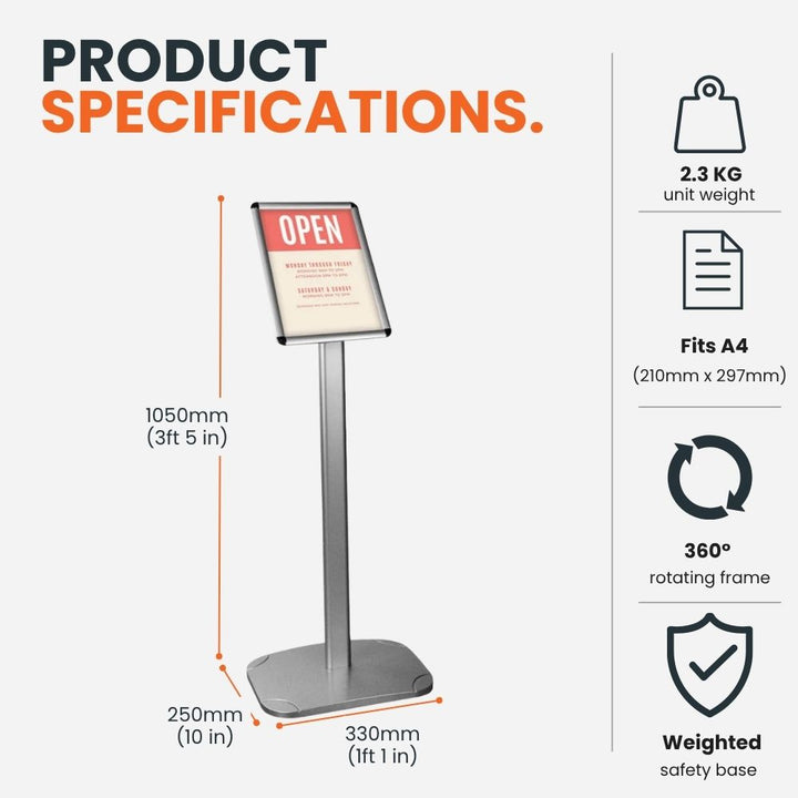 Silver A4 freestanding snap frame poster stand measuring 1050mm high, with a 330 x 250mm weighted base and 360° rotating display head.
