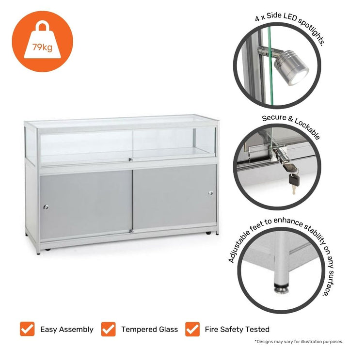 Silver glass display cabinet – 1200mm wide countertop unit with lighting and lockable storage for commercial use