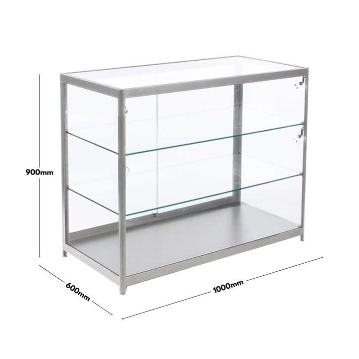 Silver LED retail display – 1000 x 600mm counter cabinet with glass panels and secure sliding door access