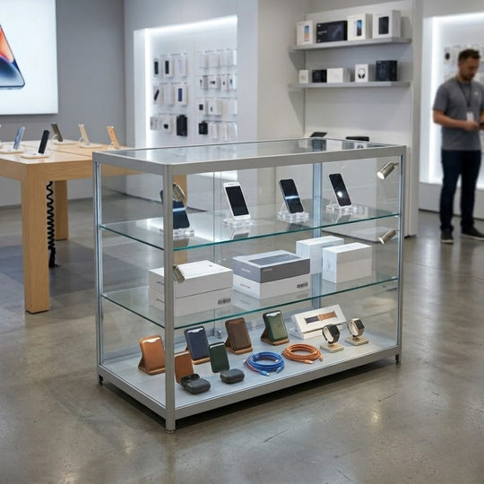 Silver Aluminium Glass Counter Display Cabinet with 8 LED Spotlights & Lockable Sliding Doors - 1200 x 500mm