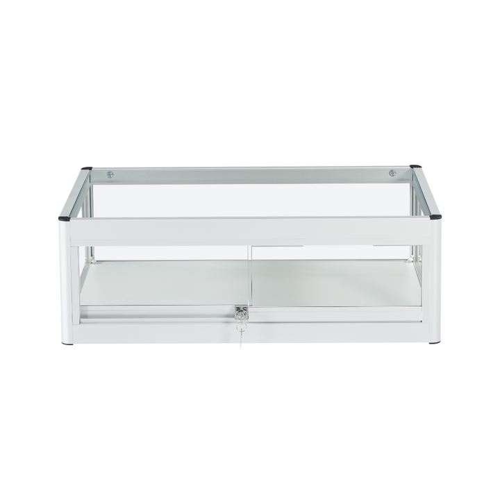 Retail counter cabinet in silver – aluminium frame with sliding glass doors and secure locking system
