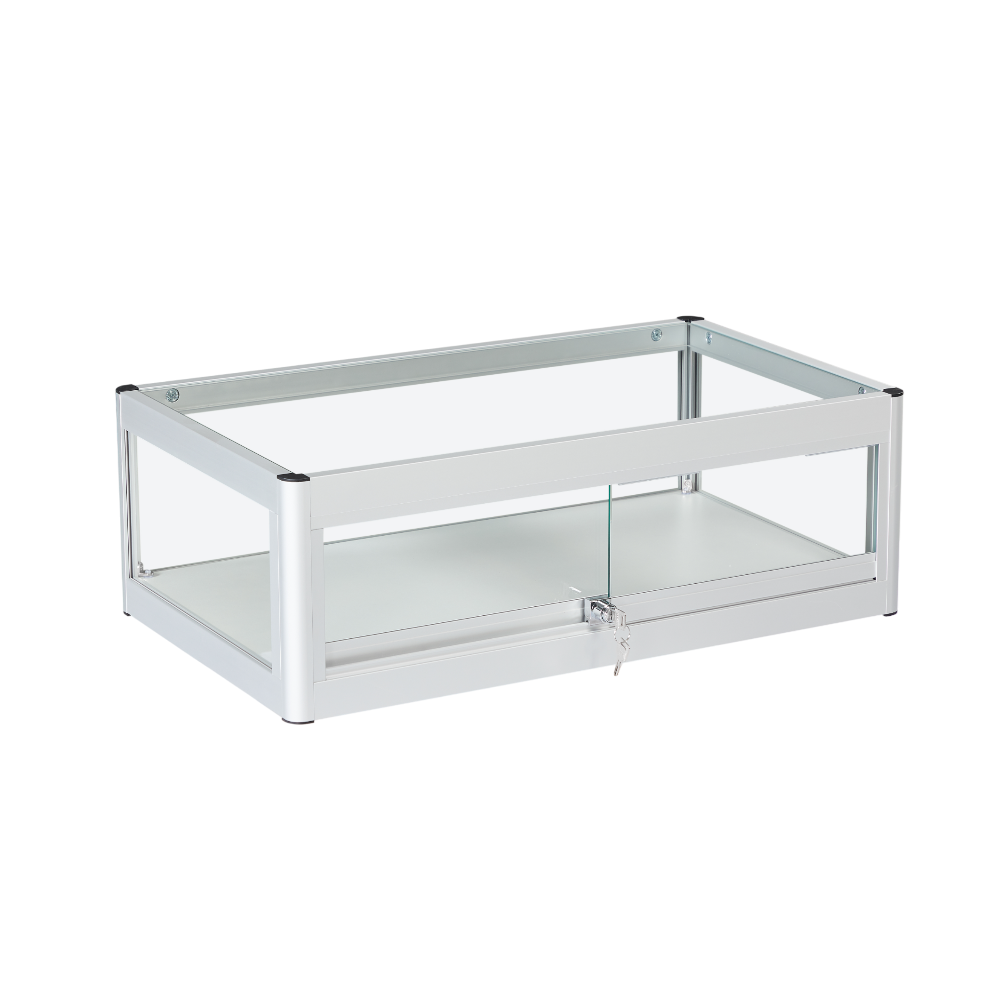 A sleek silver aluminium glass countertop display cabinet featuring lockable sliding doors, perfect for securely showcasing valuable items in retail, exhibitions, or museums.
