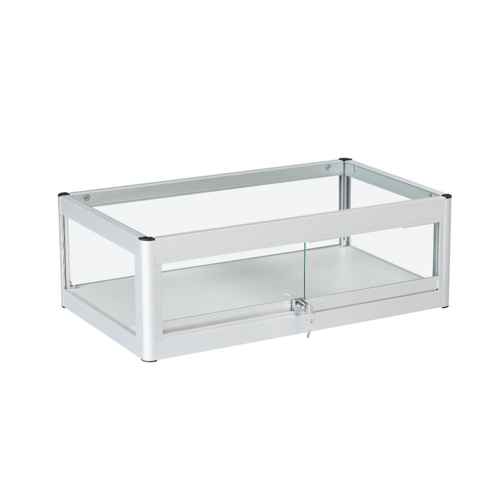 Lockable glass display cabinet – silver aluminium counter unit with sliding doors for secure product presentation