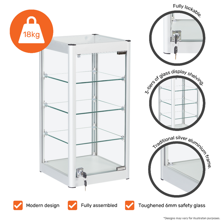 Glass retail showcase – silver countertop cabinet with three-tier shelf layout for professional product presentation