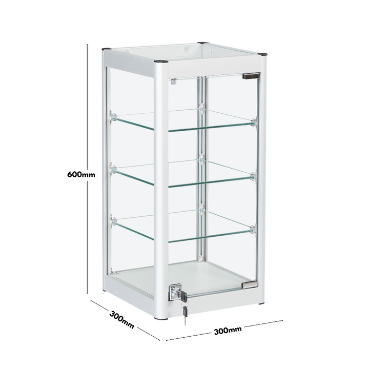 Freestanding silver glass cabinet – countertop display with aluminium frame and triple shelving configuration