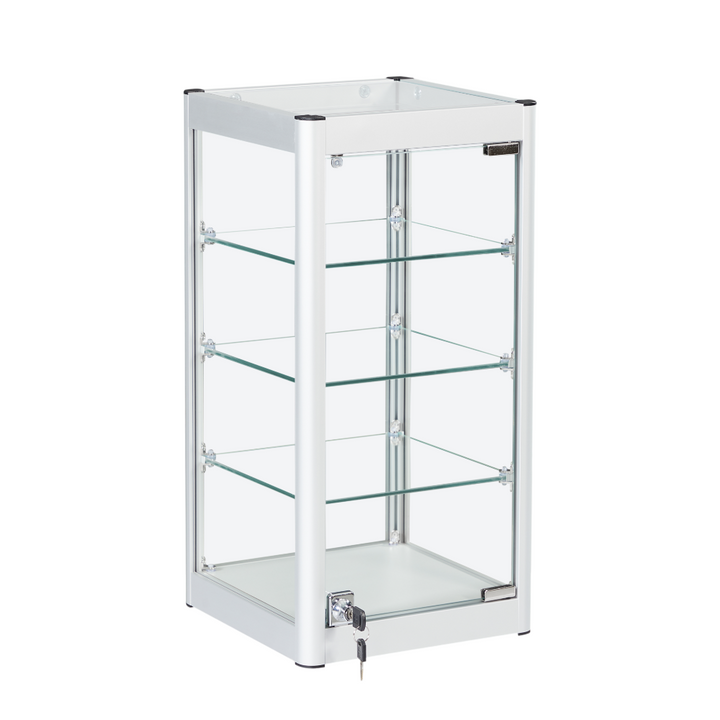Countertop display cabinet in silver – aluminium frame with 3 internal glass shelves and clear visibility