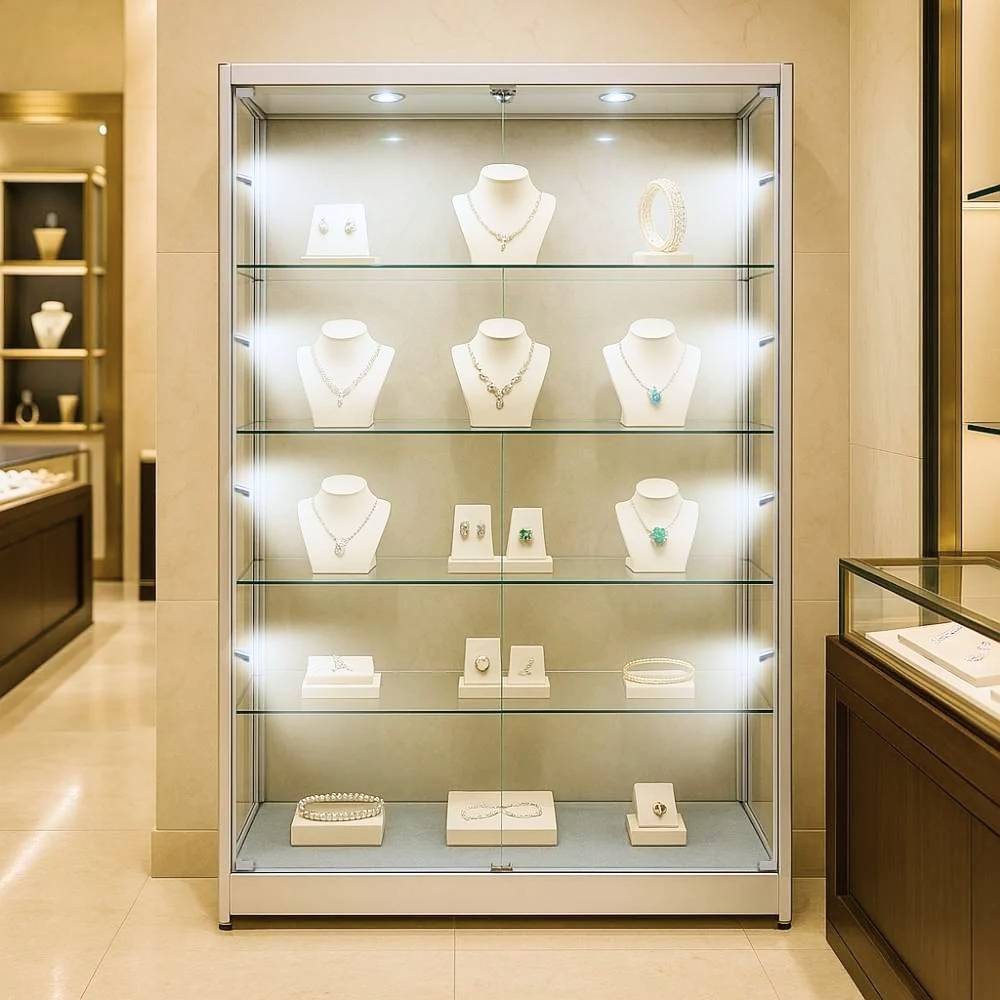 Stylish silver aluminium glass display cabinet with lockable doors, four adjustable shelves, and ten LED lights, measuring 1800mm high by 1200mm wide.
