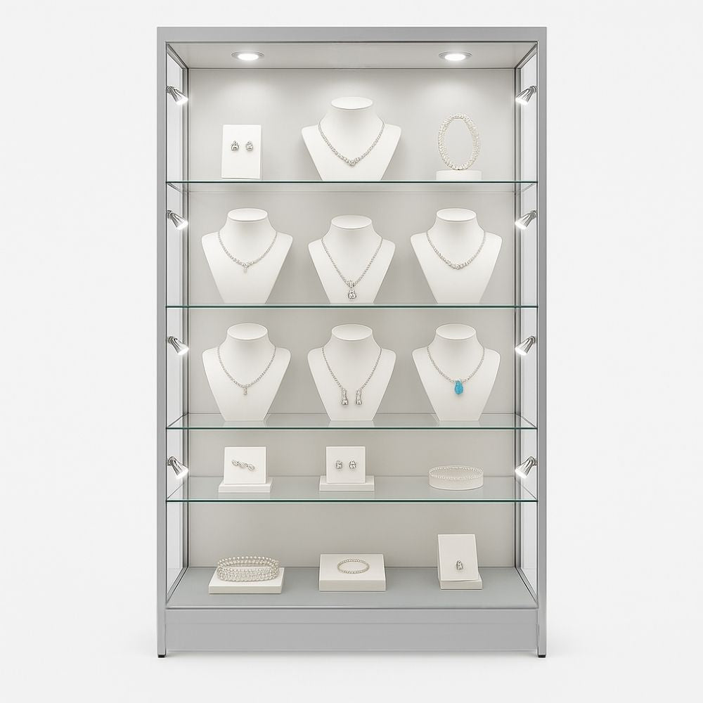 Modern lockable glass display cabinet in silver aluminium, featuring four adjustable shelves and ten LED lights, standing 1800mm high and 1200mm wide.
