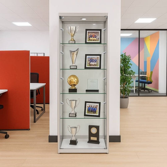 Silver Aluminium Glass Display Cabinet Lockable with 4 Adjustable Shelves & 10 LED Lights 1800mm High x 600mm Wide