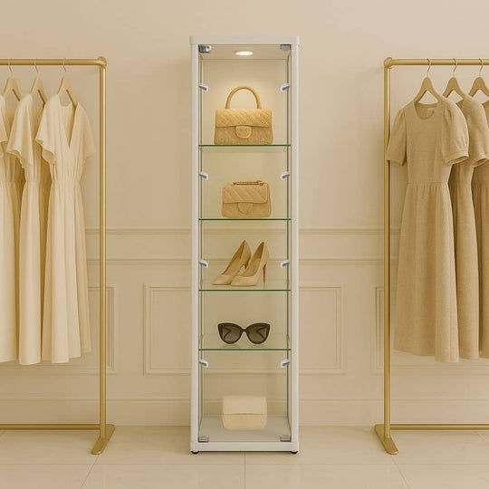 Silver Aluminium Glass Display Cabinet Lockable with 4 Adjustable Shelves & 9 LED Lights 1800mm High x 400mm Wide