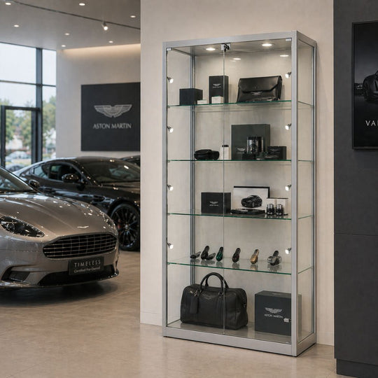 Silver Aluminium Lockable Glass Display Cabinet with 4 Adjustable Shelves & 10 LED Lights 1800mm High x 800mm Wide