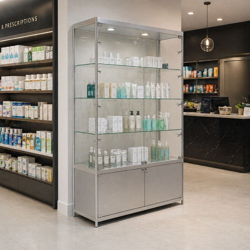 Silver aluminium lockable glass display cabinet with LED lighting showcasing skincare and health products in a modern pharmacy retail environment.
