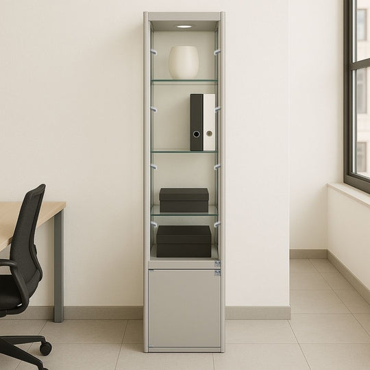 Silver Aluminium Glass Storage Display Cabinet Lockable with 3 Adjustable Shelves & 9 LED Lights 1800mm High x 400mm Wide