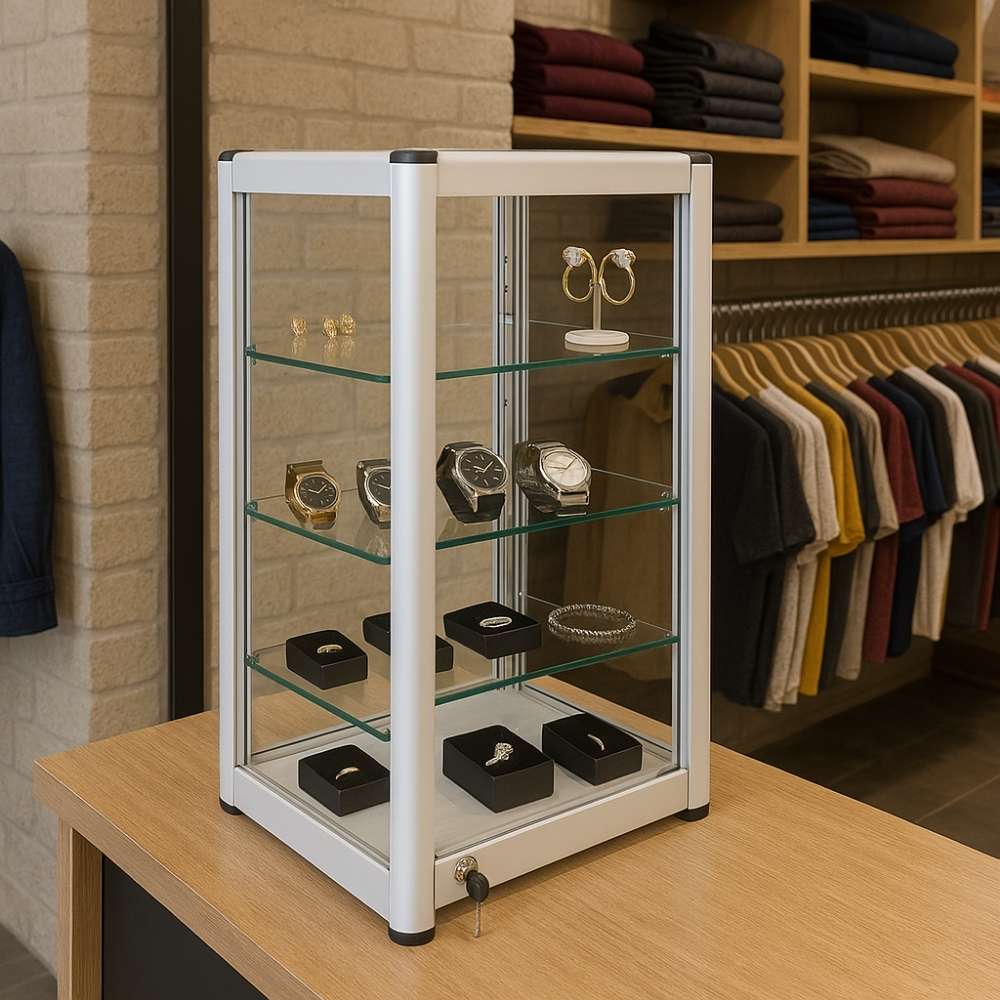 Silver Glass Countertop Lockable Tower Display Cabinet | Displaysense