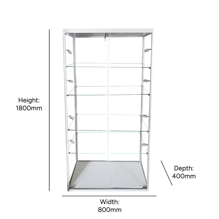 Silver aluminium glass display cabinet – 800mm wide, lockable unit with 10 LEDs and 4 shelves for secure product showcasing