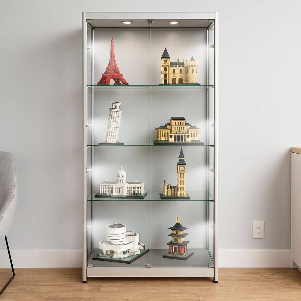 Sleek silver aluminium lockable glass display cabinet with four adjustable shelves and ten LED lights, measuring 1800mm high by 800mm wide.