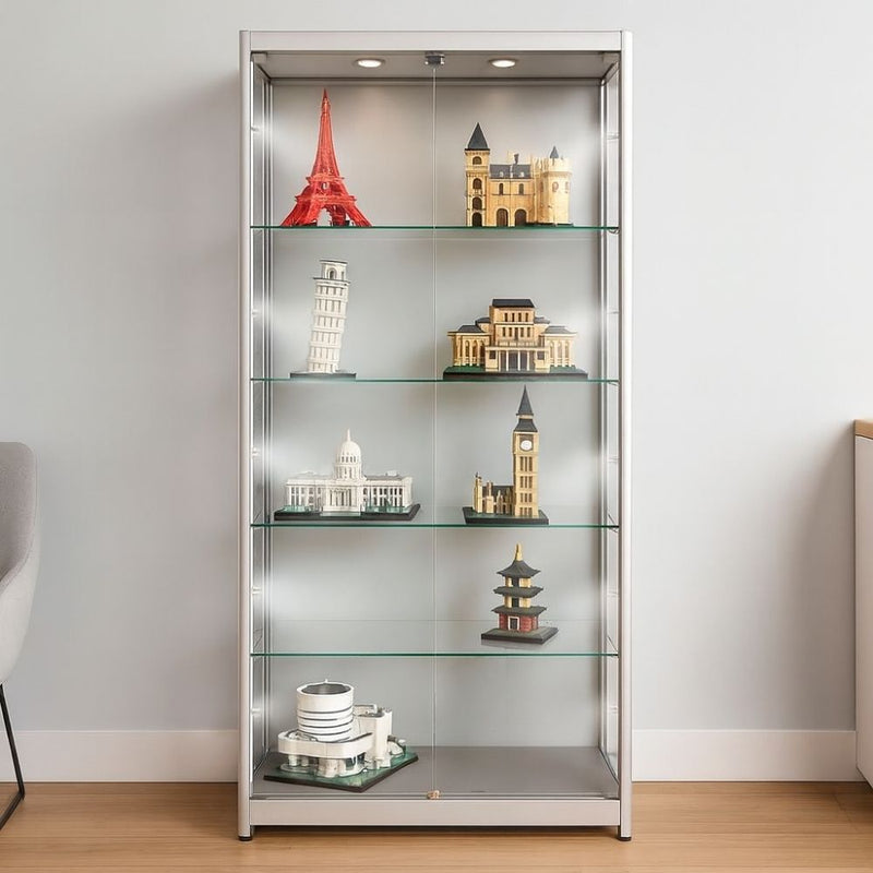 Retail-ready silver aluminium cabinet – 10 LED glass display unit with lock and adjustable shelves, 1800mm high