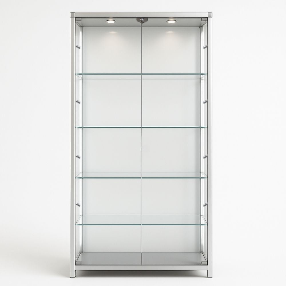 Modern lockable display cabinet in silver aluminium with glass doors, four adjustable shelves, and ten LED lights, 1800mm H x 800mm W.