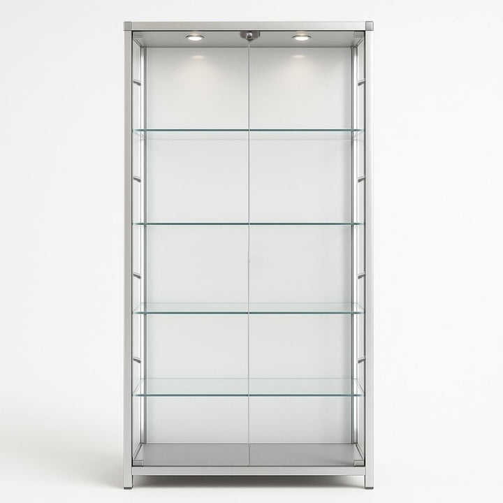 Glass cabinet with LED lighting – 800mm silver aluminium display unit with lock and shelving for exhibitions or salons