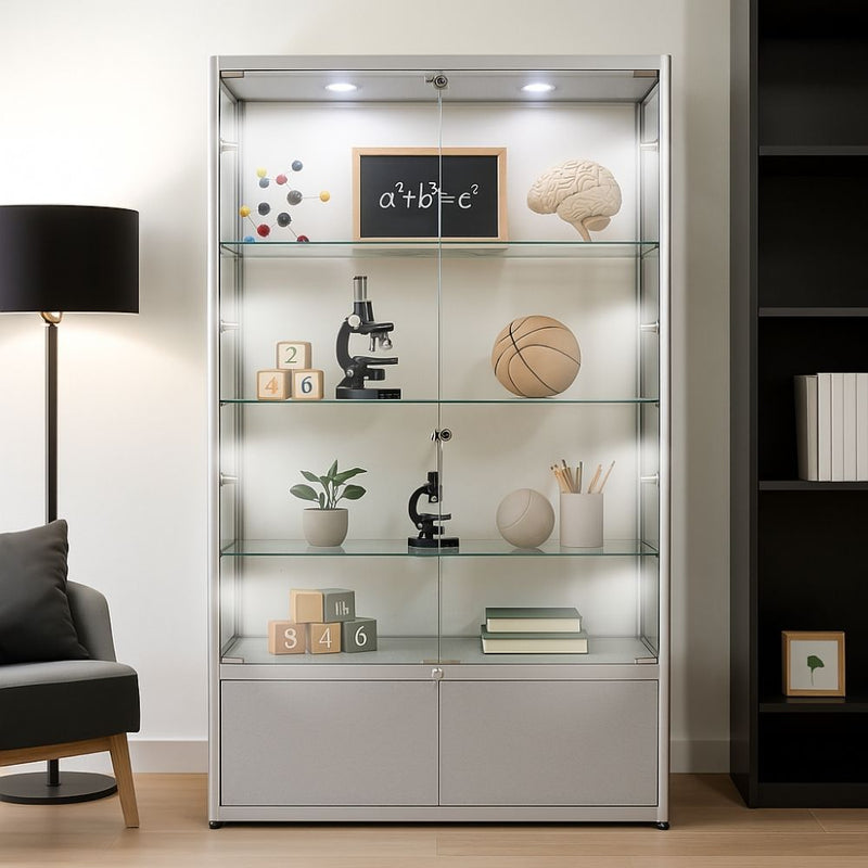Silver aluminium glass cabinet – 1000mm wide lockable display with 3 shelves and 10 LED lights for retail or exhibition use