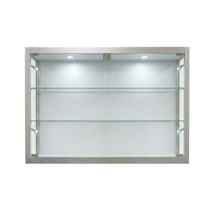 Empty silver aluminium wall-mounted glass display cabinet with six integrated LED spotlights and two adjustable tempered glass shelves, shown on white background.
