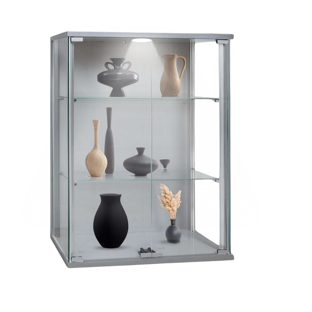 Modern wall-mounted display cabinet in silver aluminium with glass double doors and two adjustable shelves, 600mm in size.