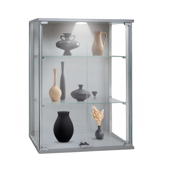 Wall-mounted silver aluminium cabinet – double glass doors and adjustable shelving in 600mm compact format