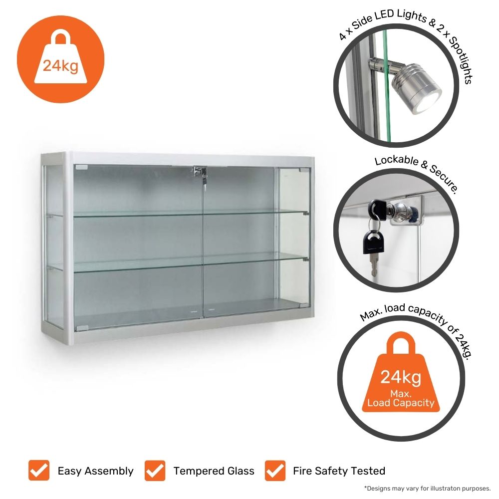 1000mm silver wall cabinet – glass display with 6 spotlights and secure lock, ideal for schools, salons or exhibitions