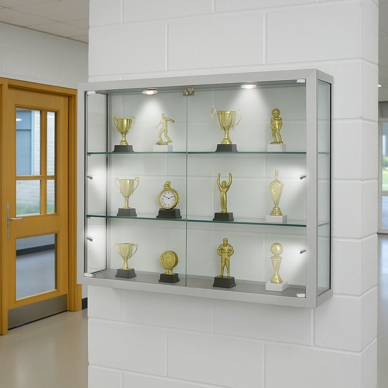 Silver wall-mounted glass cabinet – 1000mm wide with shelves, 6 spotlights and lockable doors for retail or office use