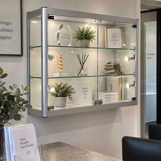 Silver Aluminium Wall Mounted Glass Display Cabinet Lockable with 2 Adjustable Shelves and 6 Spotlights - 1000mm