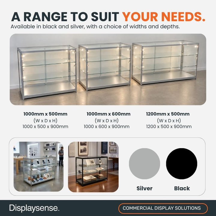 Range of silver aluminium glass counter display cabinets with LED lighting, showing different width and depth options alongside silver and black finish choices.