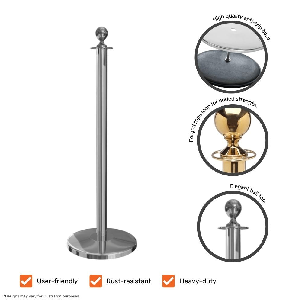 Close-up of a silver ball-top barrier post showcasing its anti-trip base, forged rope loop, and stylish ball top for high-end venue use.