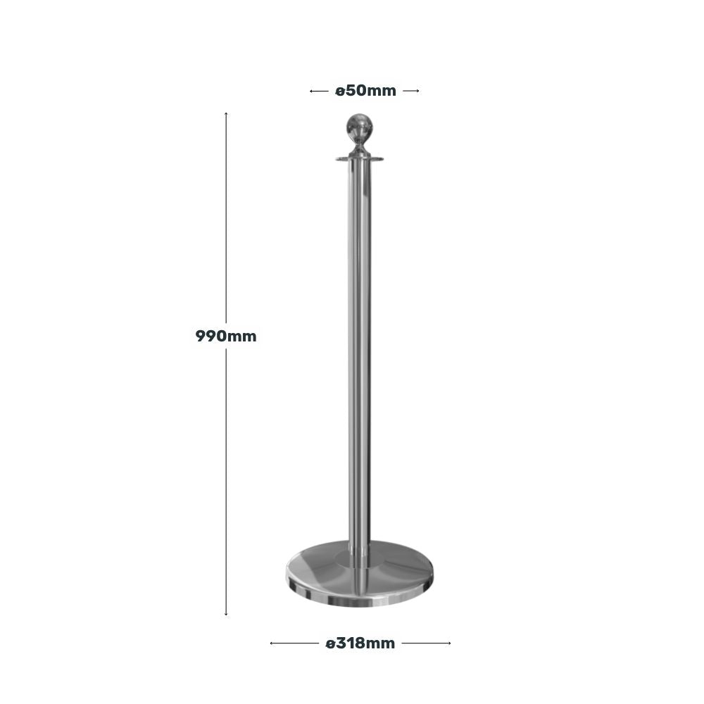 Technical diagram of a silver ball-top barrier post with detailed measurements of height, pole thickness, and base diameter for accurate planning.
