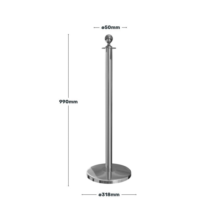Technical diagram of a silver ball-top barrier post with detailed measurements of height, pole thickness, and base diameter for accurate planning.
