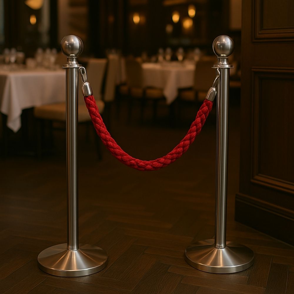 Elegant silver ball-top barrier posts with a red braided rope, positioned in a fine dining restaurant to create a reserved area with a sophisticated ambience.