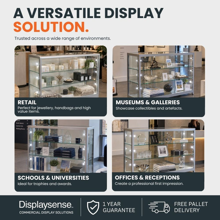 Silver glass counter display cabinets shown in retail, museum, school and office settings, demonstrating versatile commercial display applications.