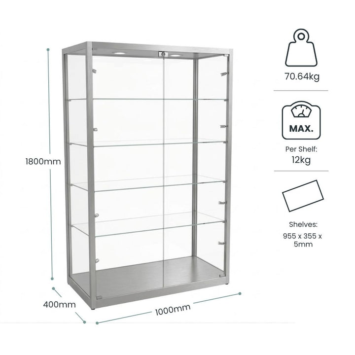 Dimensions given as 1800mm high, 1000mm wide, 400mm deep, with a 70.64kg unit weight, 12kg per shelf and 955 x 355 x 5mm glass shelves.
