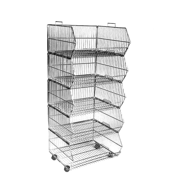 Empty silver five-tier wire stacking basket unit on castors, angled forward-facing baskets, two hanging hooks at the top, white background.
