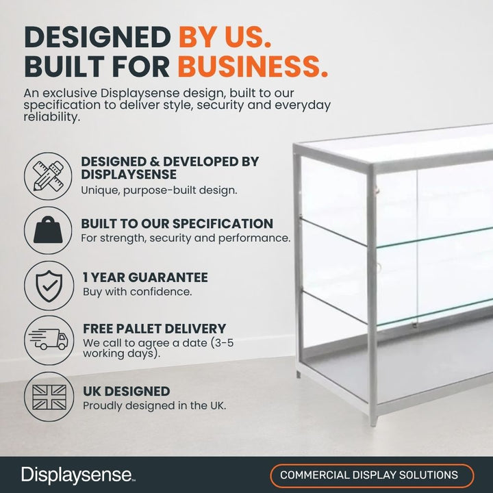 Silver glass counter display cabinet highlighting Displaysense design, commercial-grade construction, one-year guarantee, free pallet delivery and UK design.