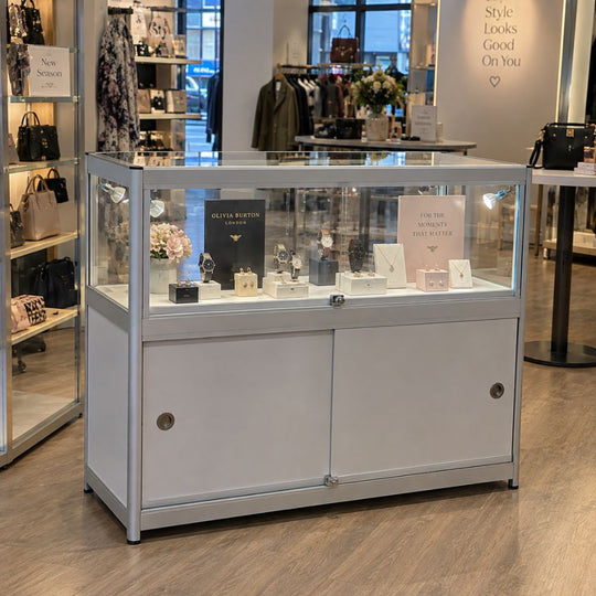 Silver Aluminium Glass Counter Display Cabinet with 4 LED Spotlights & Lockable Storage Compartment - 1200 x 500mm