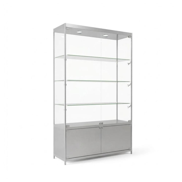 Silver glass display cabinet with lockable base cupboard, three adjustable glass shelves and integrated LED spotlights, shown on a white background.

