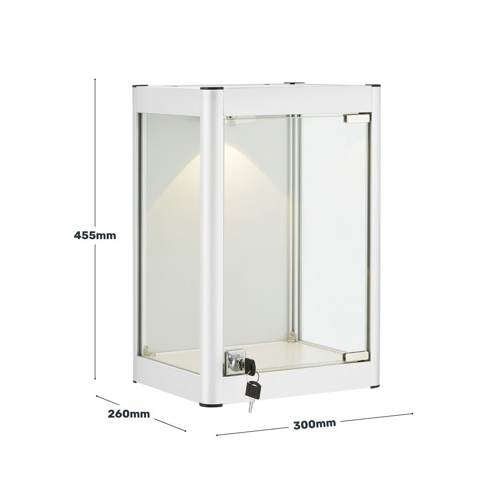 A silver glass display case with dimensions of 455mm height, 300mm width, and 260mm depth, featuring a lock and spotlight.