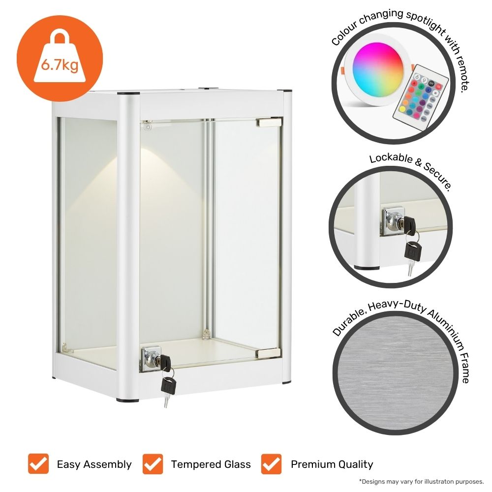 A silver glass display case with features highlighted, including colour-changing spotlight, secure lock, and heavy-duty aluminium frame.