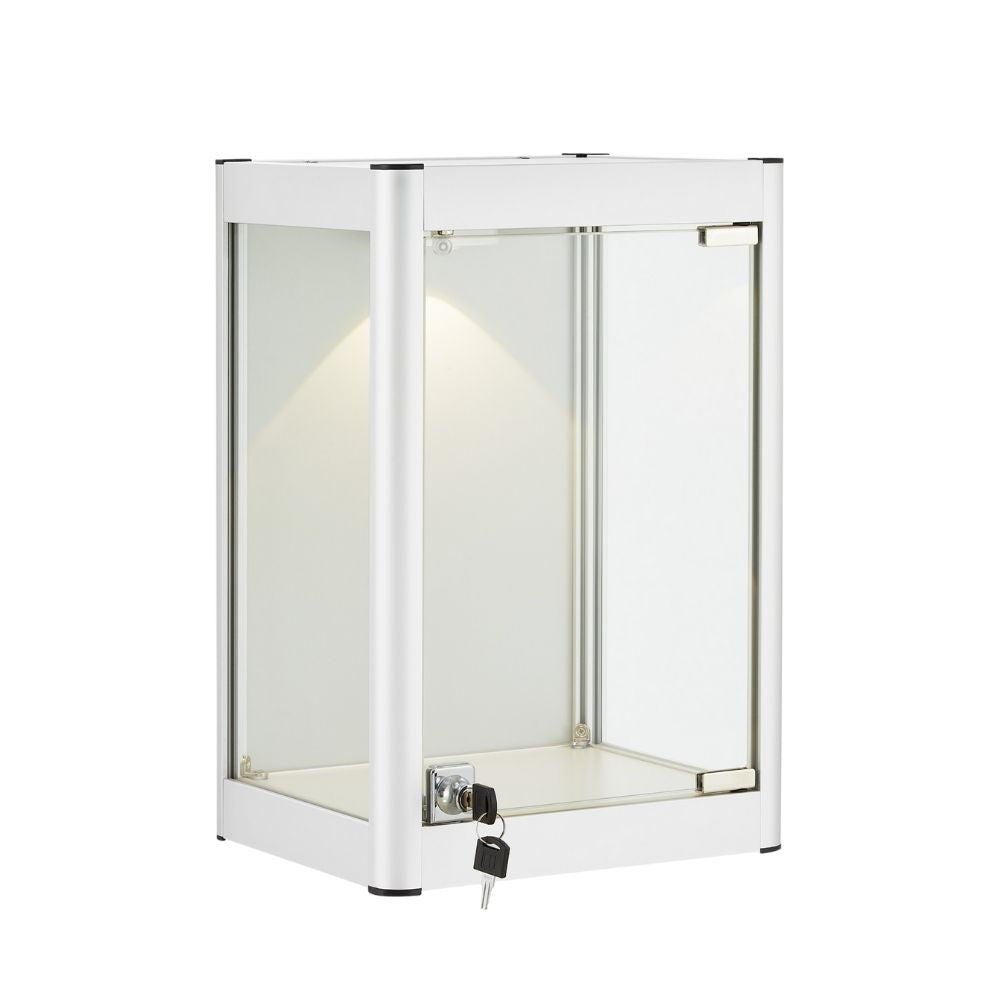 A silver tempered glass display case with a built-in spotlight and secure lock, ideal for retail product presentation.